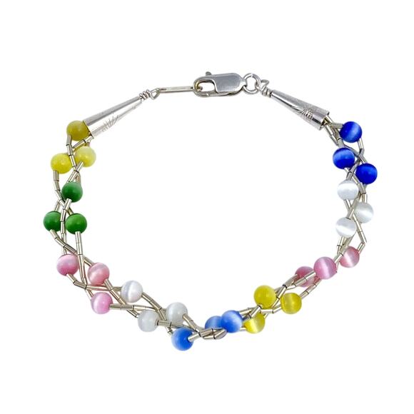 Braided Multi color Cat's Eye Bracelet | Sterling Liquid Silver 925 | 6.75" - Picture 1 of 5